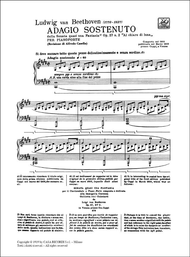 Adagio Sostenuto - Dalla Sonata Quasi Una Fantasia, Op. 27 N. 2 'Al Chiaro Di Luna' - Per Pianoforte - pro klavír
